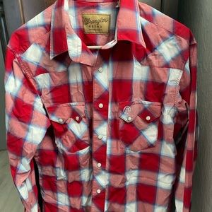 Cavenders Wrangler Retro Mens Red and White Plaid Long Sleeve Western Shirt